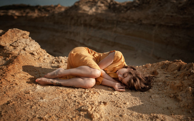 Woman yellow dress rock beach free wallpaper - medium preview image