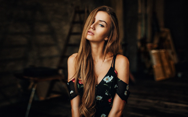 Woman floral dress serious portrait free wallpaper - medium preview image