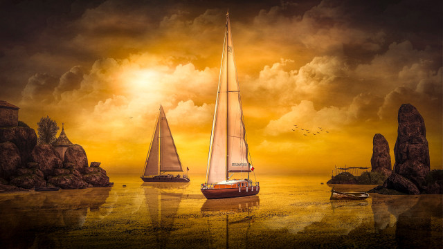 Sailboat sunset mountain cityscape ocean free wallpaper - medium preview image