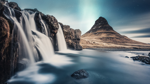 Waterfall mountain starry sky milkyway free wallpaper - medium preview image