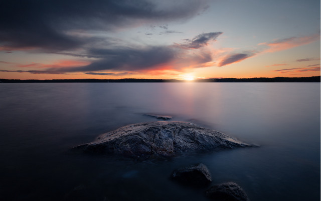 Rock lake sunset clouds cityscape free wallpaper - medium preview image