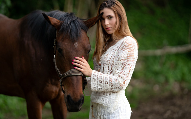 Woman horse field blonde nature free wallpaper - medium preview image