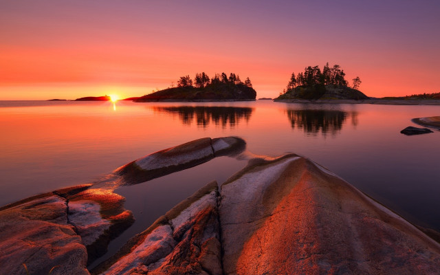 Sunset lake boat island trees free wallpaper - medium preview image