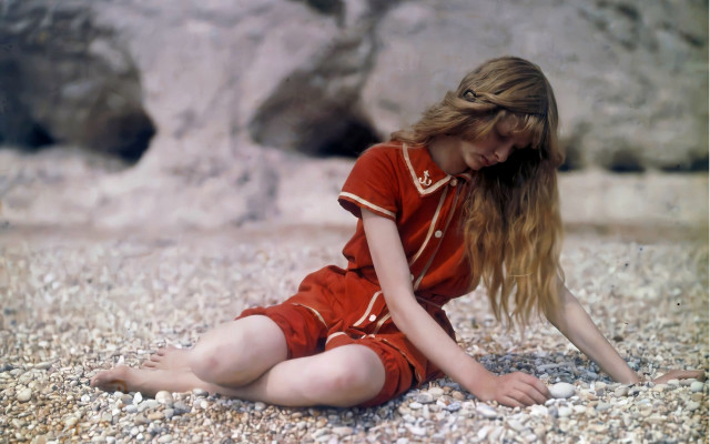 Woman rocky beach boulder blonde free wallpaper - medium preview image