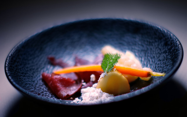 Bowl meat vegetables table black free wallpaper - medium preview image