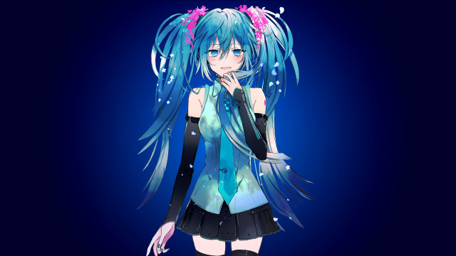 Anime girl blue hair flower free wallpaper - medium preview image