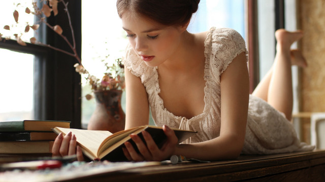 Woman reading book window flowers free wallpaper - medium preview image