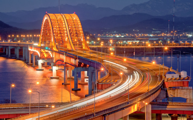 Bridge lights night mountain river free wallpaper - medium preview image