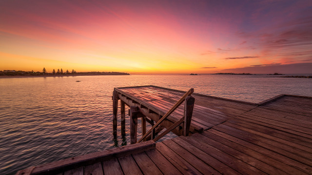 Wooden dock sunset boat mountain free wallpaper - medium preview image