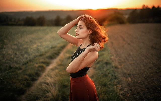 Woman dress field sunset wind free wallpaper - medium preview image