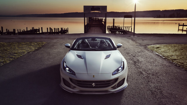 White sports car sunset dock free wallpaper - medium preview image