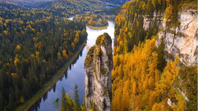 River mountains bridge autumn fire free wallpaper for desktop - medium preview image