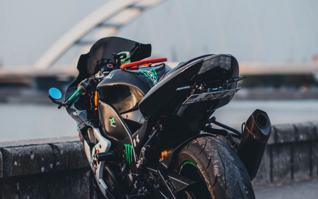 Motorcycle bridge water cyberpunk futurism free wallpaper - medium preview image
