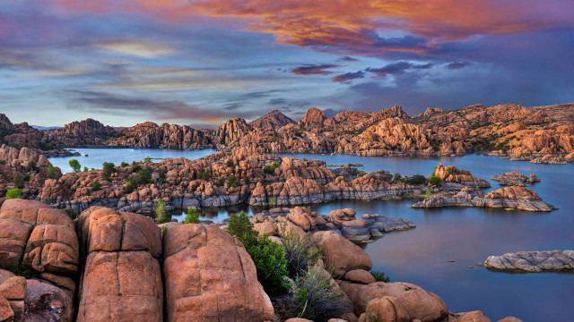 Lake rocks trees sunset cloudy free wallpaper - medium preview image