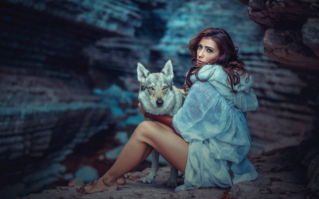Woman blue dress wolf cave free wallpaper - medium preview image