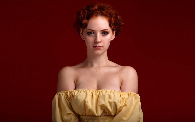 Red haired woman yellow dress free wallpaper - medium preview image
