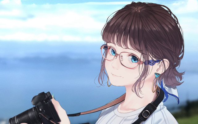 Woman glasses camera water sky free wallpaper - medium preview image
