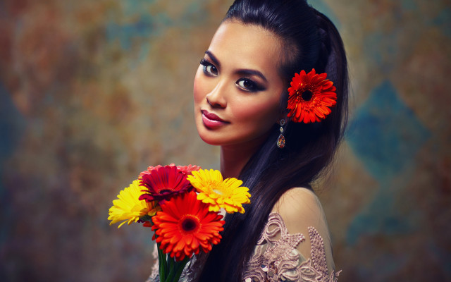 Woman holding flowers elegant portrait free wallpaper - medium preview image