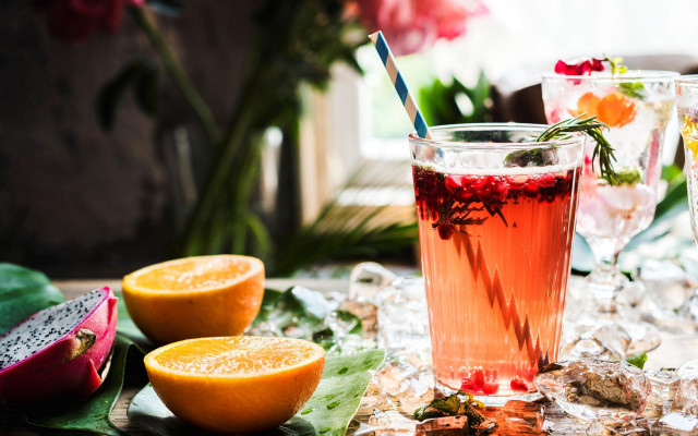 Table glasses fruit leaves food free wallpaper - medium preview image