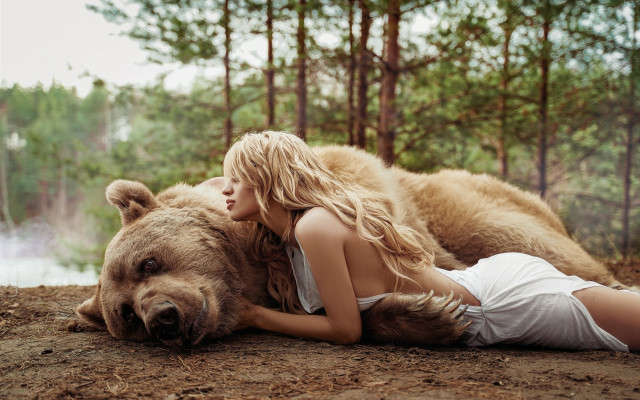 Woman bear woods lake nature free wallpaper - medium preview image