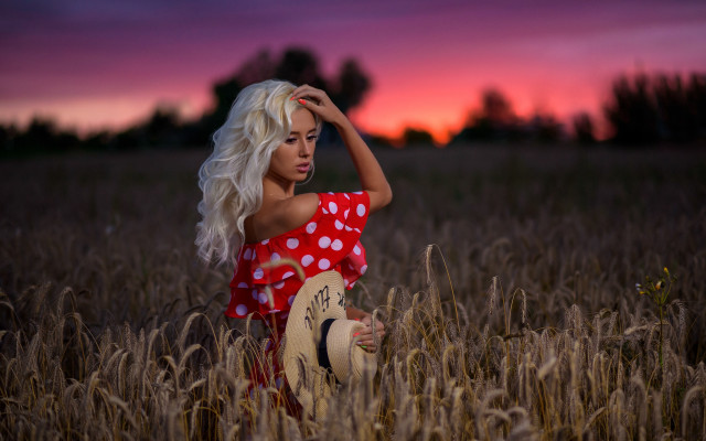 Woman red white dress wheat free wallpaper - medium preview image