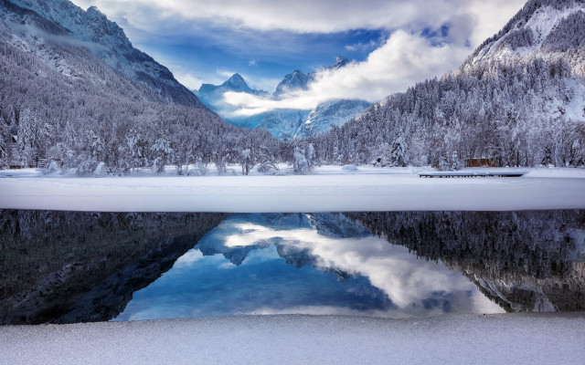 Lake snowy mountains forest cabin free wallpaper - medium preview image