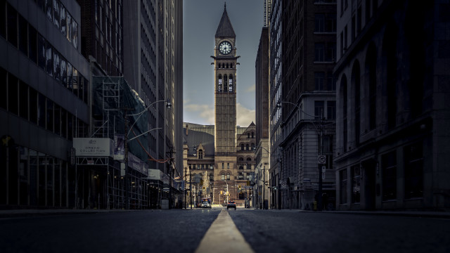 Clocktower city street dusk tiltshift free wallpaper - medium preview image
