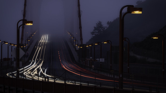 Foggy night streetlights bridge matte free wallpaper - medium preview image
