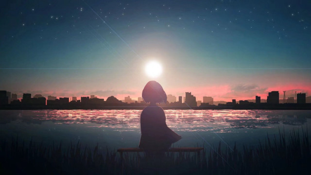 Sunset water cityscape bench anime free wallpaper - medium preview image