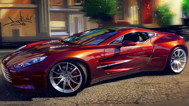 Red sports car graffiti building free wallpaper - medium preview image