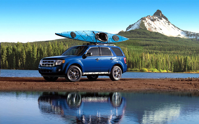 Blue suv surfboard lake mountains free wallpaper - medium preview image