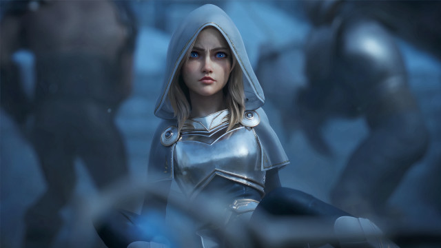Silver hooded woman sword blonde free wallpaper - medium preview image