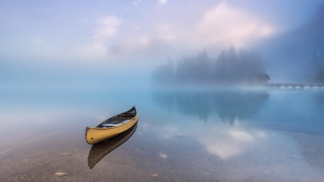 Canoe shore lake foggy bridge free wallpaper - medium preview image