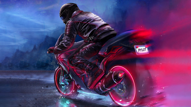 Man riding motorcycle cyberpunk night free wallpaper - medium preview image