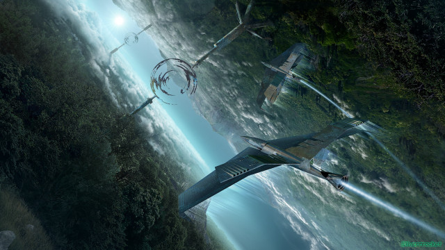 Futuristic jet flying forest sky free wallpaper - medium preview image