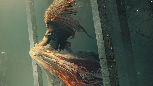 Woman forest fire stars dress free wallpaper - medium preview image