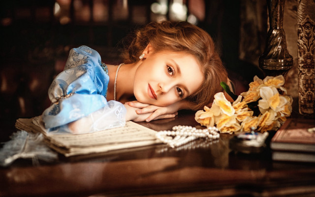 Woman blue dress flowers book free wallpaper - medium preview image