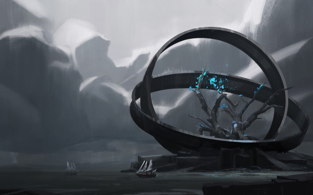 Futuristic building circular structure boat free wallpaper - medium preview image