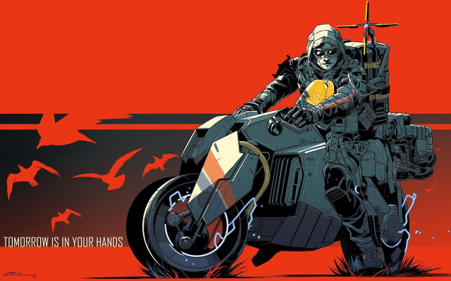 Man motorcycle birds red background free wallpaper - medium preview image