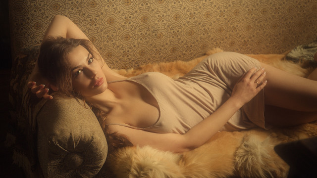 Woman couch teddy bear portrait free wallpaper - medium preview image