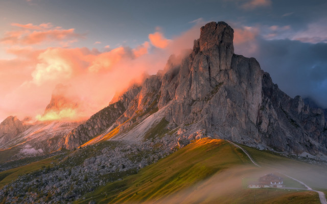 Mountain peak house clouds sunset free wallpaper - medium preview image
