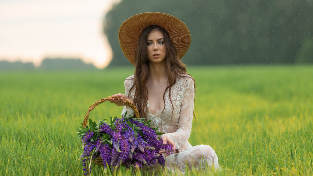 Woman hat field basket flower free wallpaper - medium preview image