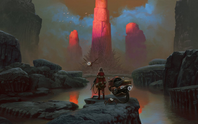 Fantasy man motorcycle tower scene free wallpaper - medium preview image