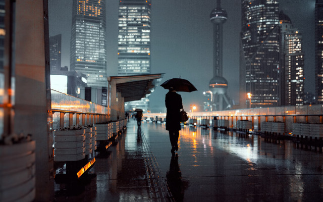 Cityscape rainy night umbrella cyberpunk free wallpaper - medium preview image
