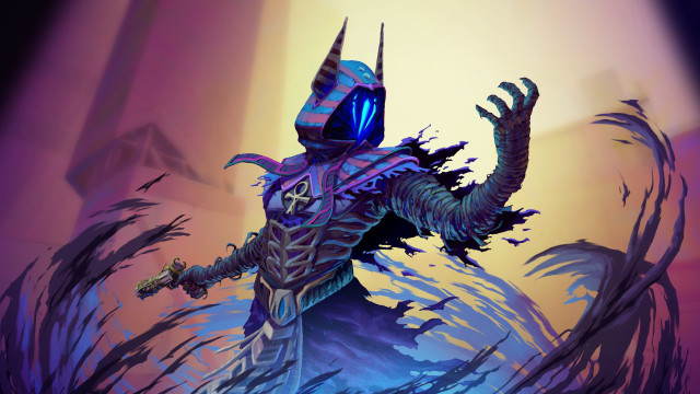 Horned man glowing sword purple free wallpaper - medium preview image