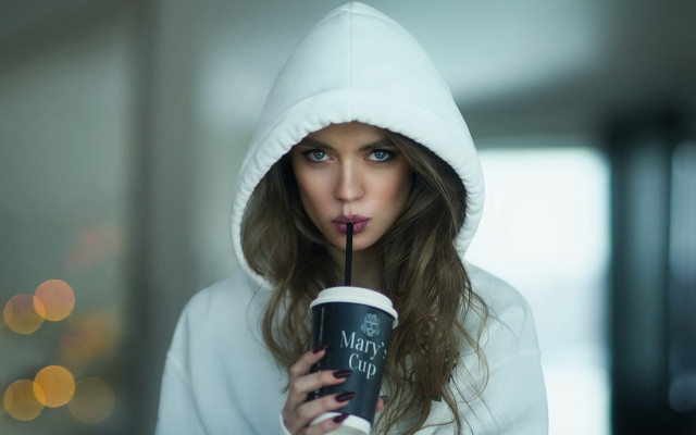 Woman white hoodie coffee bokeh free wallpaper - medium preview image