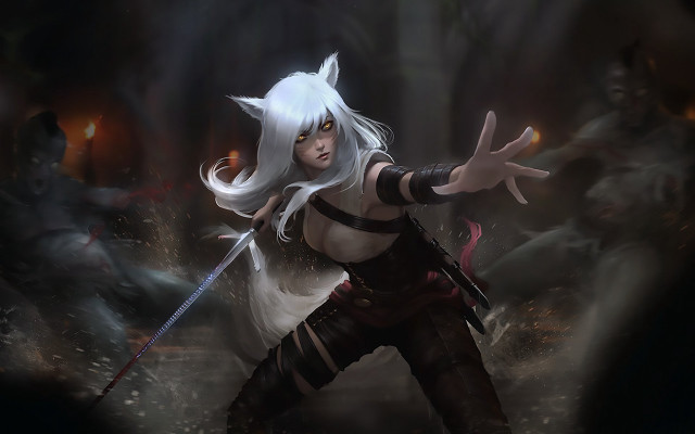 White hair sword dark forest free wallpaper for desktop - medium preview image