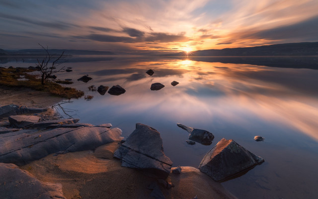 Sunset lake rocks cloudy sky free wallpaper - medium preview image