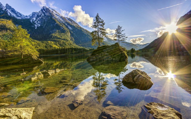Lake mountains trees sun reflection free wallpaper - medium preview image