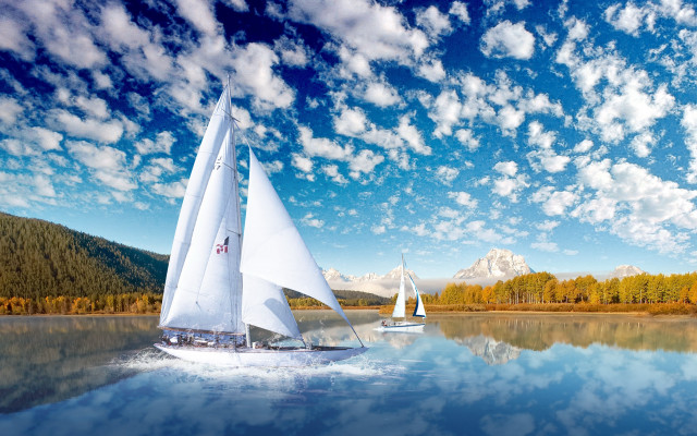 Sailboat lake mountains clouds sky free wallpaper - medium preview image